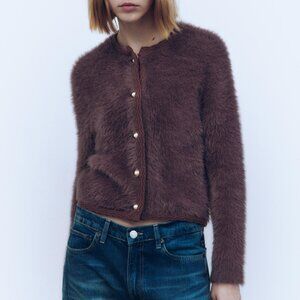 NWOT Purple Faux Fur Cardigan with white Pearl Buttons